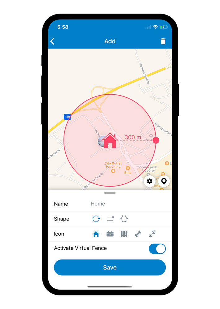 Tractive GPS virtuelt gjerde-funksjon på skjermbilde fra appen