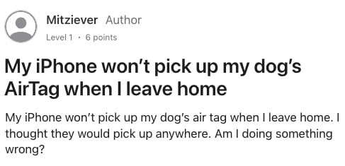 AirTag for dogs Apple forum post